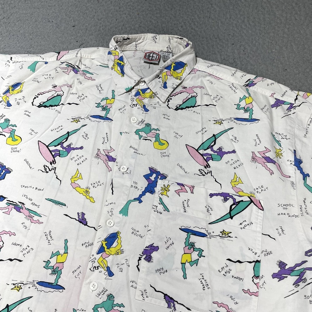Vintage HEET Shirt Mens L White Surf Graphic Short Sleeve Button Up Hong Kong - Picture 2 of 8